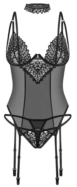 Obsessive Donarella Basque Set XL/2XL Black Embroidered 3-Piece Lingerie