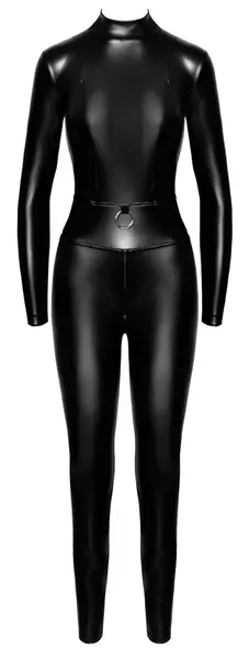Noir Handmade Power Wetlook Jumpsuit with Zippers and Front Ring L