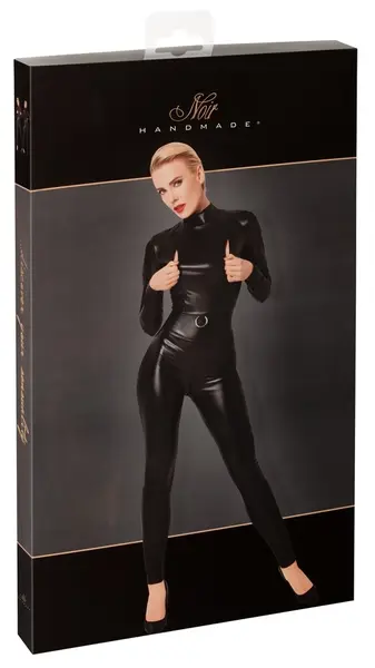 Noir Handmade Power Wetlook Jumpsuit S with Zippers and Ring, Black