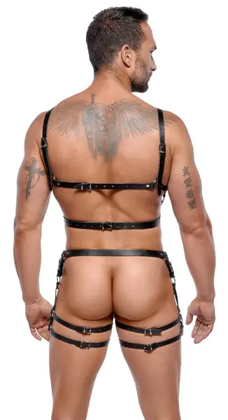 ZADO Leather Harness Set M/L - Adjustable Black Straps & Silver Details