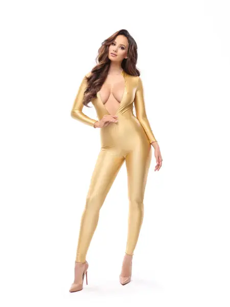 missO B800 Gold Lycra Bodystocking with Two-Way Zipper, Wet Look, M