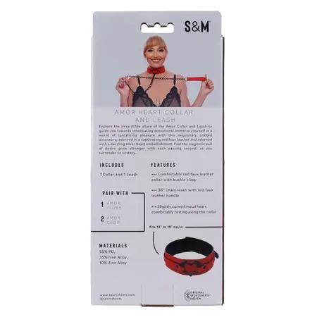 Sportsheets S&M Amor Red Collar & Leash Set with Heart Accent Vegan Leather