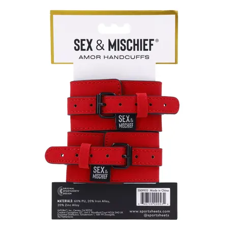 Sportsheets S&M Amor Handcuffs Red Vegan Leather Adjustable