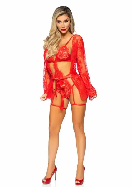Dreamgirl Garter Teddy Set with Lace Robe and Adjustable Straps Black