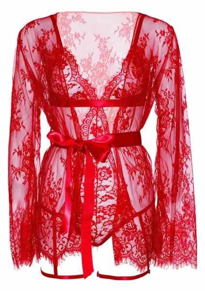 Dreamgirl Garter Teddy Set with Lace Robe and Adjustable Straps Black