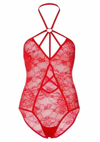 Dreamgirl Teddy With Heart Ring & Keyhole Accent, Stretch Lace, Black