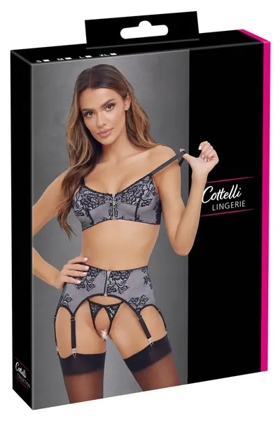 Cottelli Lingerie Black & White Lace Trio Bra Set XL, Front Zips