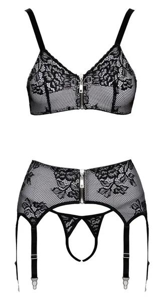 Cottelli Lingerie Black & White Lace Trio Bra Set XL, Front Zips