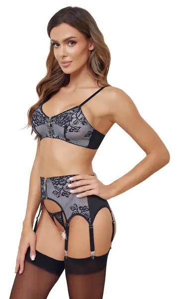 Cottelli Lingerie Set Black/White M - Adjustable Trio with Zipper Details