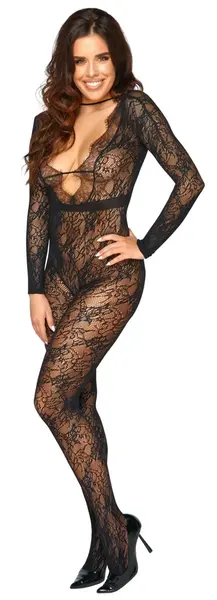 Cottelli FANTASY Lace Catsuit S-L, Long Sleeves, Deep Neckline, Black