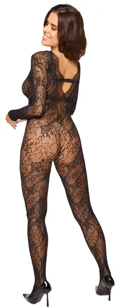 Cottelli FANTASY Lace Catsuit S-L, Long Sleeves, Deep Neckline, Black