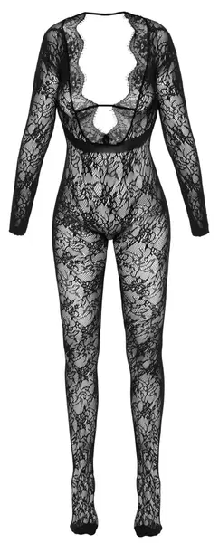 Cottelli FANTASY Lace Catsuit S-L, Long Sleeves, Deep Neckline, Black