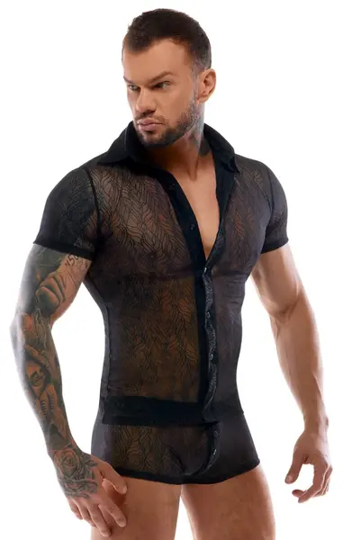 Svenjoyment Lace Shirt L Black - Soft Transparent Stretch, Button Front