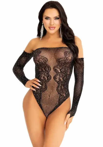 Dreamgirl Rhinestone Off The Shoulder Lace Teddy Black One Size
