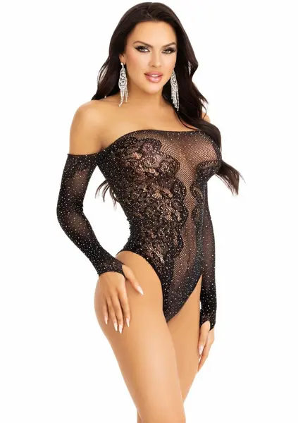 Dreamgirl Rhinestone Off The Shoulder Lace Teddy Black One Size