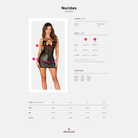Obsessive Norides Chemise & Thong Black XL/2XL - Leather Look, Adjustable Fit
