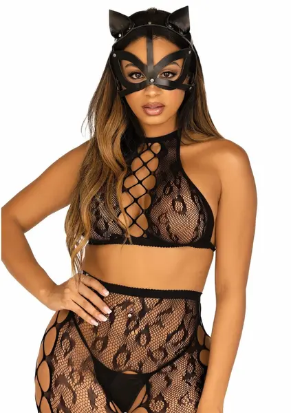 Leg Avenue Vegan Leather Studded Cat Mask Adjustable Black