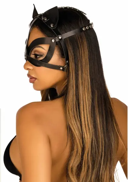 Leg Avenue Vegan Leather Studded Cat Mask Adjustable Black