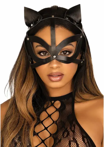 Leg Avenue Vegan Leather Studded Cat Mask Adjustable Black
