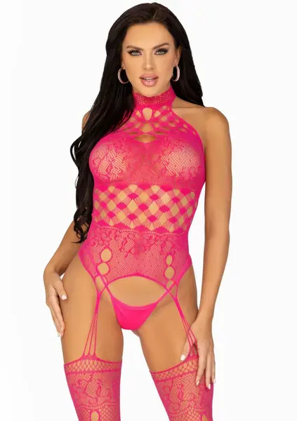 High Neck Halter Suspender Bodystocking Black Lace Mesh One Size