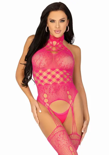 High Neck Halter Suspender Bodystocking Black Lace Mesh One Size
