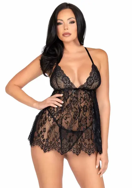Floral Lace Babydoll Set with Eyelash Hem & Adjustable Straps, Black, S/M