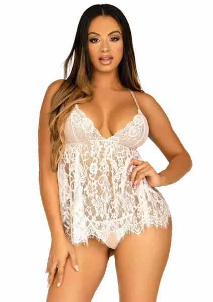 Dreamgirl Floral Lace Babydoll Set with Eyelash Lace & G-String, Black