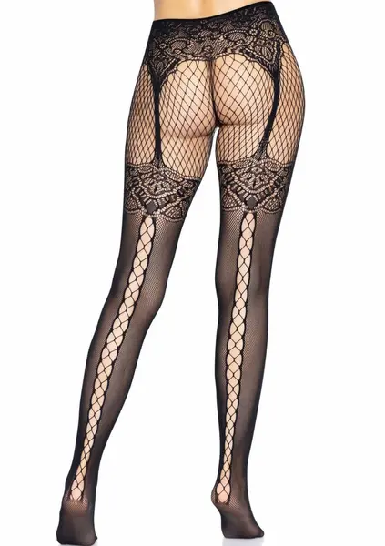 Leg Avenue Fishnet Tights Lace-Up Backseam Reinforced Toe Black