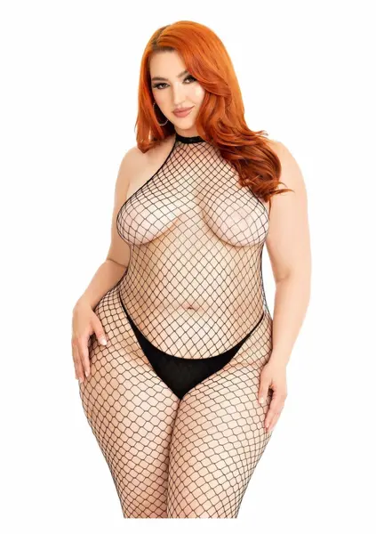 Plus Net Racer Neck Backless Bodystocking Black One Size