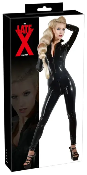 LateX Premium Latex Catsuit Black XL with Dual Zippers, Stand-Up Collar