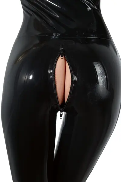 LateX Premium Latex Catsuit Black XL with Dual Zippers, Stand-Up Collar