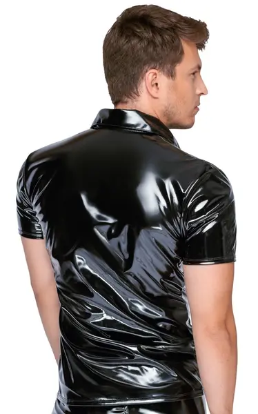 Black Level Vinyl Polo Shirt S - Shiny Black, Slim Fit, Press Studs