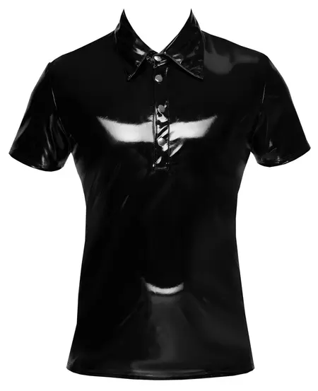 Black Level Vinyl Polo Shirt S - Shiny Black, Slim Fit, Press Studs
