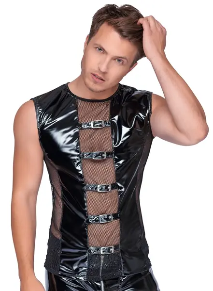 Black Level Vinyl Sleeveless Shirt S with Mesh Panels, Black