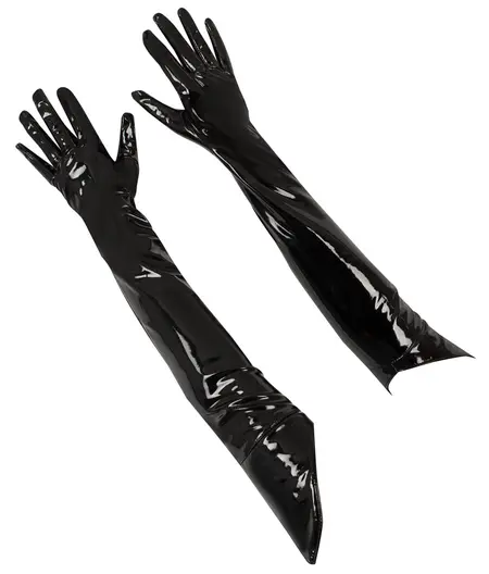 Black Level Vinyl Gloves Long Black S - Shiny Shoulder-Length Design