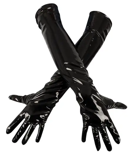 Black Level Vinyl Long Gloves S - Shiny Black, Stretch Fit