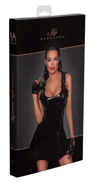 Noir Handmade Vinyl Dress Black Ruffle S, Fitted Waist, Flared Skirt