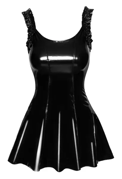 Noir Handmade Vinyl Dress Black Ruffle S, Fitted Waist, Flared Skirt