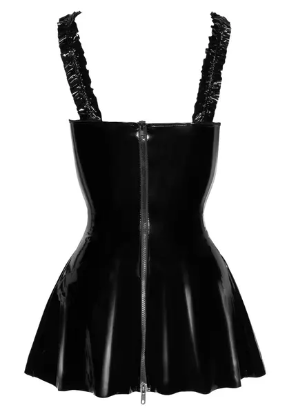 Noir Handmade Vinyl Dress Black Ruffle S, Fitted Waist, Flared Skirt