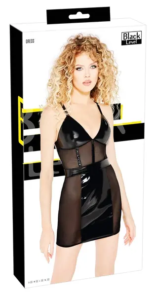 Black Level Vinyl Mini Dress with Mesh Inserts, Size S, Adjustable Straps