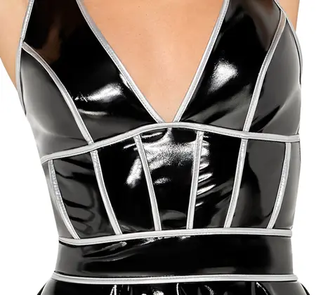Black Level Vinyl Halterneck Dress Silver Trim S - Shiny Flared Mini