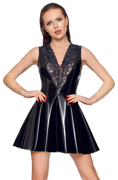 Black Level Vinyl Dress XL with Lace V-Insert, Shiny Black Finish