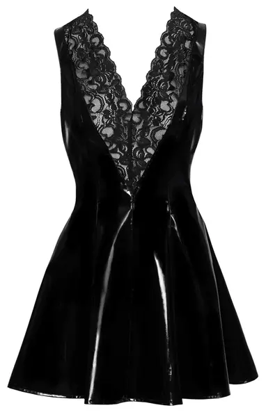 Black Level Vinyl Dress XL with Lace V-Insert, Shiny Black Finish