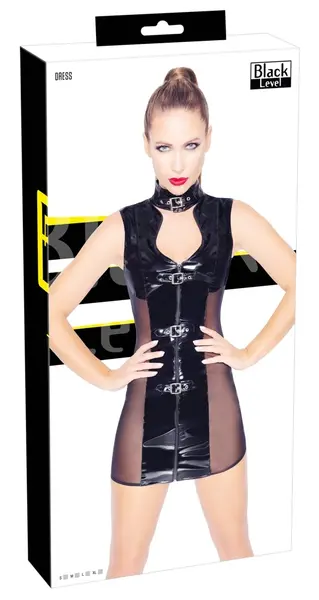 Black Level Vinyl Dress S with Buckle and Mesh Sides, Shiny Black Finish