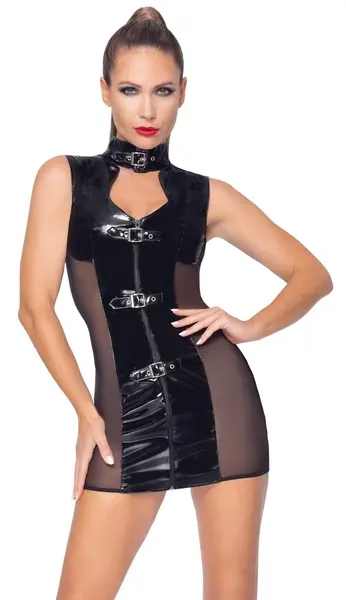 Black Level Vinyl Dress S with Buckle and Mesh Sides, Shiny Black Finish