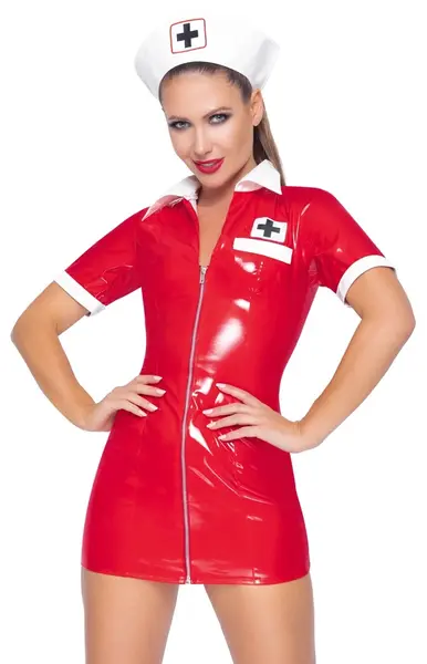 Black Level Vinyl Medical-Inspired Red Dress Set with Bonnet, Size M