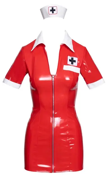 Black Level Vinyl Medical-Inspired Red Dress Set with Bonnet, Size M