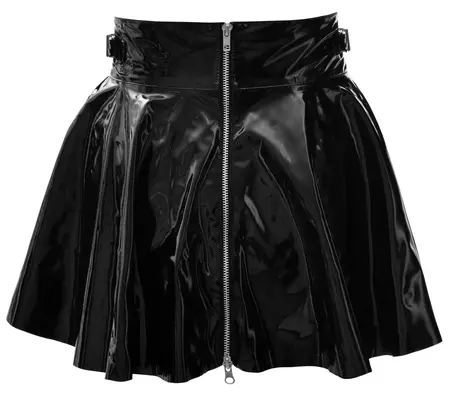 Black Level Vinyl Mini Skirt L - Flared Design, Two-Way Zip, Black