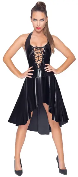 Black Level Halterneck Vinyl Dress L - Shiny Black, Flared Skirt