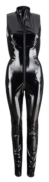Black Level Vinyl Jumpsuit M - Shiny Sleeveless Bodysuit with 2-Way Zip
